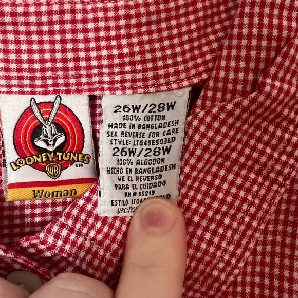 Tweety Bird 26/28 Womens Button Up Red White Plaid Looney Tunes Floral Collared - Picture 5 of 10